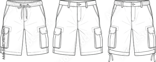 Cargo shorts technical fashion sketch, mens utility shorts design, front and back view, vector line drawing, apparel flat illustration, garment construction details