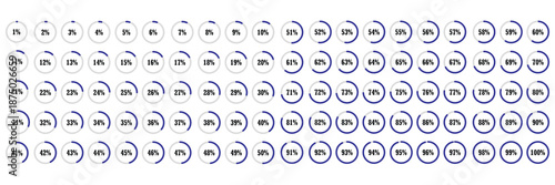 Percentage loading icons. Set of 1% to 100% circular progress indicators in black. Progress bars. Pie charts indicator. Round graph loading progress set. Vector illustration.