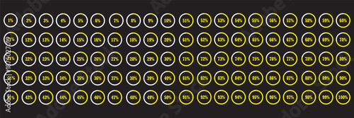 Percentage loading icons. Set of 1% to 100% circular progress indicators in black. Progress bars. Pie charts indicator. Round graph loading progress set. Vector illustration.