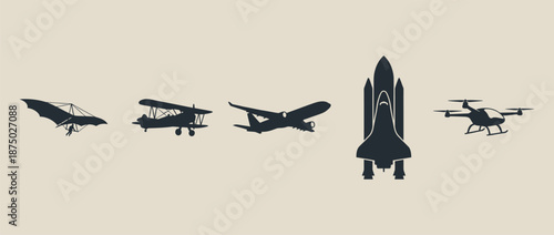 Evolution of aircraft silhouettes showing aviation history vector illustration