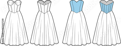 Elegant wedding dress corset design collection, bridal gown fashion illustration, strapless ball gown silhouette set, vector line art, luxury female evening wear
