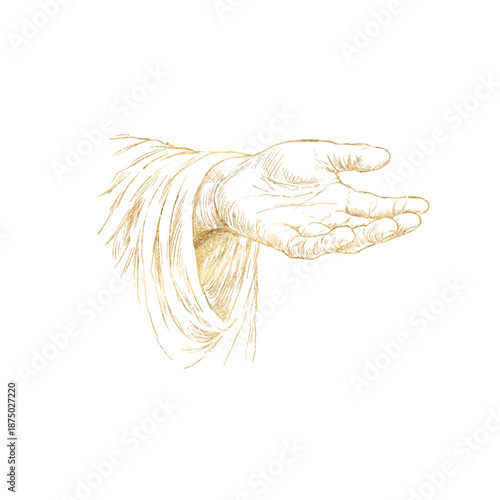 Open hand of Jesus pencil sketch style vector illustration a gesture of compassion, help, invitation. Golden Christian symbolic hand isolated on a white background for religious design