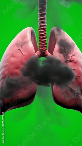 Human Lungs Animated on Green Screen with Smoke Vertical Animation Depicting Respiratory Damage from Pollution or