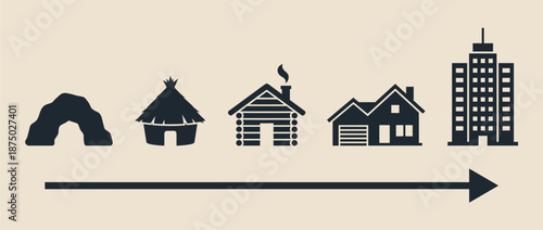Evolution of human housing from cave to skyscraper vector illustration