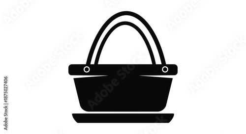 A simple black and white illustration of a wicker basket with a handle silhouette