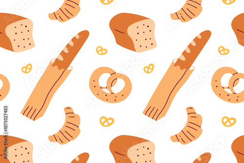 Seamless bakery pattern with bread and buns, vector flat cartoon illustration for groceries theme. Croissants, baguette, baked goods for packaging, food branding, kitchen textiles, menus