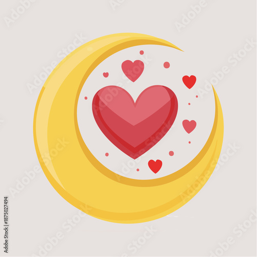 Illustrated crescent moon with hearts romantic symbol love and affection concept