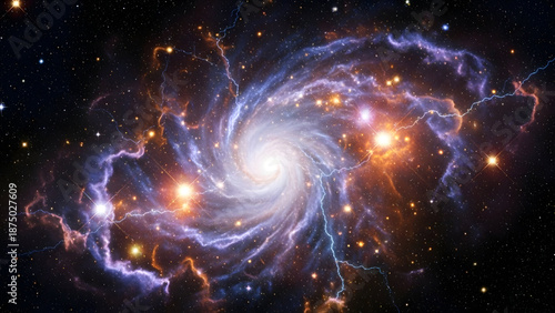 Vibrant spiral galaxy with swirling purple and orange clouds