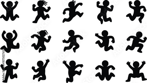 Playful Human Silhouette Jumping Pose Bundle, Flat Vector People Icons for Excitement, Happiness, Energy, Celebration Mood and Joyful Emotion Illustration