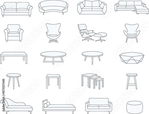 Furniture icon set, sofa chair table stool bench armchair lounge modern interior outline vector illustration collection blueprint line art minimal design elements symbols pack