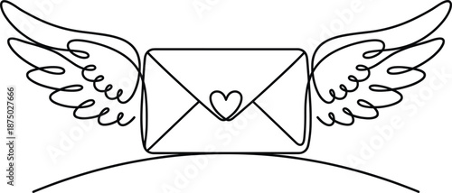 Flying, love, letter, envelope, with, angel, wings, heart, icon, minimalist, line, art, romantic, message, email, symbol, valentine, wedding, invitation, design, illustration