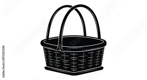 A detailed black and white illustration of a woven picnic basket design silhouette
