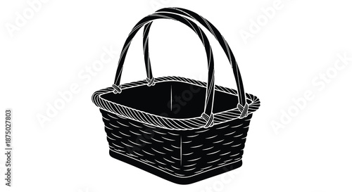 A detailed illustration of a woven basket with dual handles presented as a striking silhouette