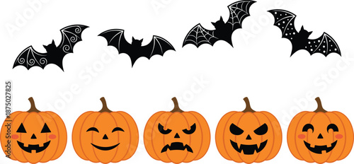 Halloween pumpkin faces illustration, cute scary jack o lantern set, spooky bats border design, autumn holiday decoration clipart isolated on white background