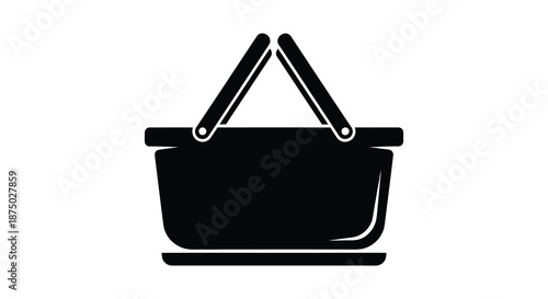 A simple black and white depiction of a classic picnic basket shown as a silhouette