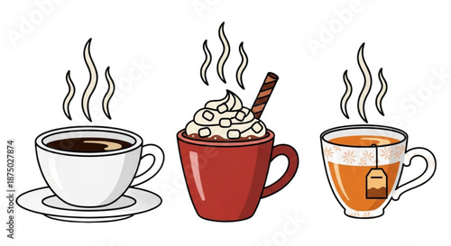 Three steaming cups of coffee hot chocolate and tea on white background