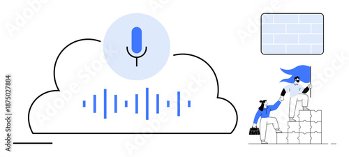 Digital collaboration, teamwork, audio technology, cloud storage, sound recording, and innovation. Image shows a microphone in a cloud and individuals working together. Audio technology and teamwork