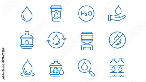 A collection of blue icons representing water and hydration concepts