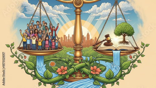 Scales of justice balancing humanity and nature representing environmental law and sustainable development with a city skyline backdrop