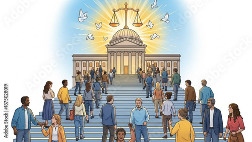 Diverse crowd ascending courthouse steps towards justice and peace symbolized by scales and doves for legal or civic concepts