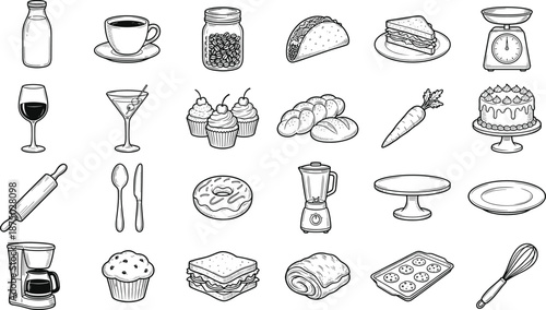 Hand drawn kitchen food and drink icons set, bakery cooking utensils beverages desserts vector sketch illustration isolated on white background for restaurant menu design