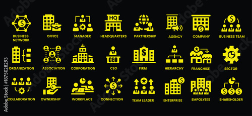 Business structure icon set. Company, office, business network, hierarchy, employees, organization, agency, workplace, corporation and more. Solid vector icons collection.