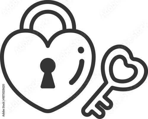 ハート型の南京錠と鍵のアイコン（線画）のイラスト