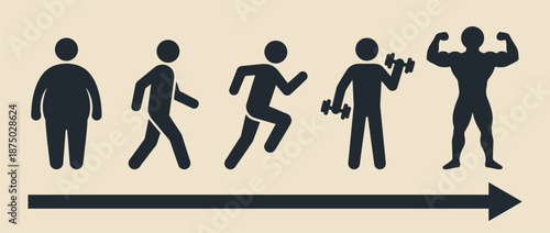 Body transformation progress from obese to muscular vector illustration