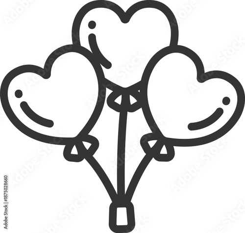 3つのハート型バルーンのアイコン（線画）のイラスト
