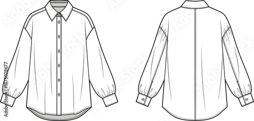 Men's Long Sleeve Button Down Shirt Technical Flat Vector Illustration, Front And Back View, Fashion Apparel Design, Tailoring Blueprint, Clothing Template For Manufacturing Production