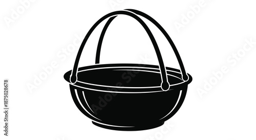 a simple black and white illustration of a traditional woven basket with a handle silhouette