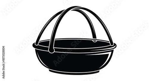 A simple black and white illustration of a vintage style basket with a handle silhouette
