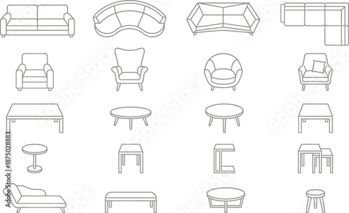 Modern furniture outline icon set, featuring sofa chair table couch armchair sectional lounge seating top view vector illustration, blueprint interior design symbols collection minimal