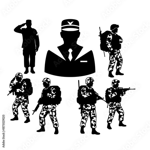 Silhouette army captain and soldier character set in camouflage uniforms vector