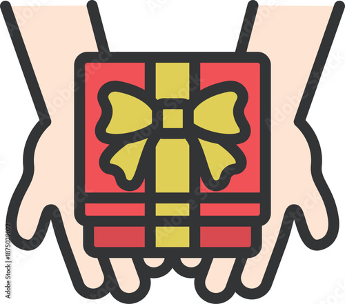 上から見た、プレゼントを渡す手のアイコン（線画カラー）のイラスト