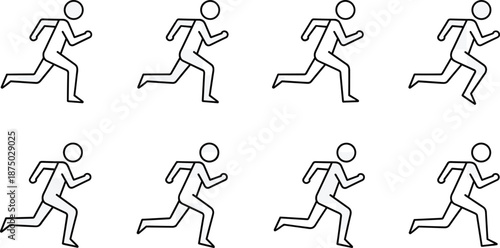 Running stick figure icon set, human motion sequence illustration, sprint jogging walking poses, minimal outline design, fitness activity symbols, sport movement concept
