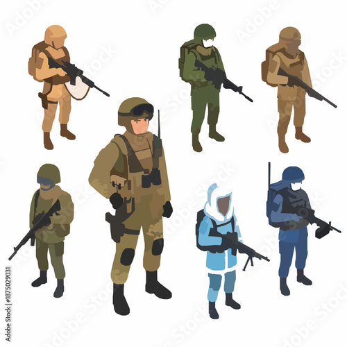 Isometric army captain with soldiers in camouflage uniforms vector character set