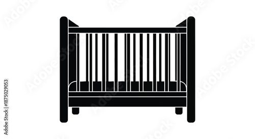 A simple black and white depiction of a wooden baby crib a quiet nursery element silhouette