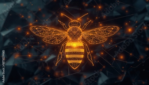 Digital Bee: A digital rendering of a bee glows against a complex network backdrop. Illustrating the intricate beauty and interconnectedness of nature and technology.