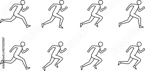 Running stick figure sequence, human motion animation frames, sprinting posture poses, athletic movement icons, minimal line art illustration, dynamic speed concept
