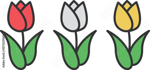 赤白黄色のチューリップの花のアイコン（線画カラー）のイラスト