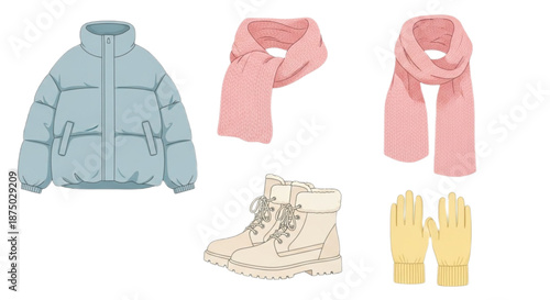 Winter clothing set with jacket boots scarf and gloves on white background