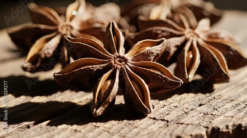Loopable Ultra Close Up of Star Anise on Rustic Wooden Surface Revealing Intricate Details and Textures Under Soft