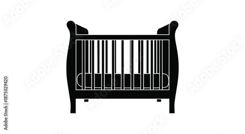 A classic wooden baby crib design presented in a stark black and white silhouette