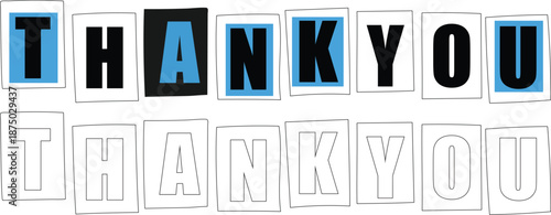 "Thank You" typography graphic on white background. Thank you message set with solid and outline font style for design projects.