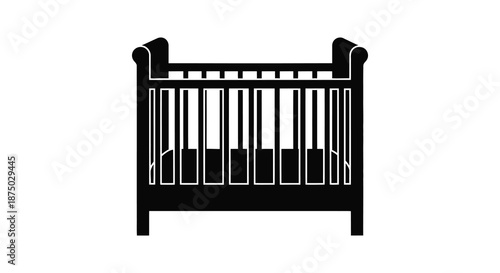 A stark black and white rendering of a classic baby bed emphasizing form and shadow silhouette