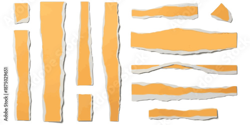 Collection of orange and white ripped paper pieces with rough edges for design elements