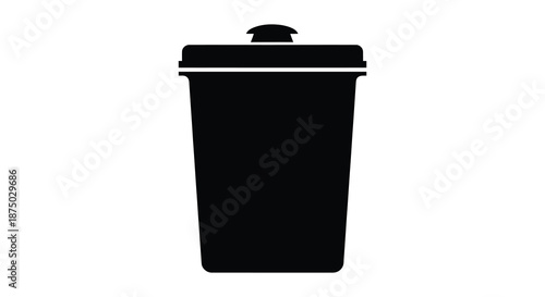 A simple black silhouette of a closed waste bin featuring a lid and cylindrical body silhouette