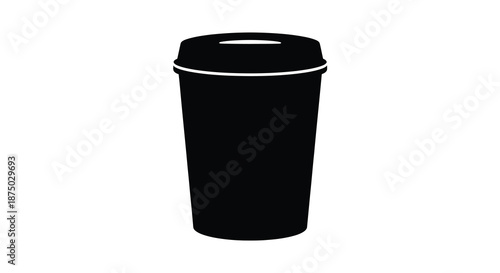 A minimalist black travel mug design isolated on a white background showcasing a stark silhouette