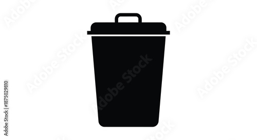 A simple black trash can illustration with a closed lid depicted as a silhouette